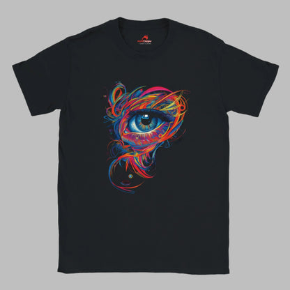 Front view of black T-shirt featuring mystical all-seeing eye with geometric sacred patterns – printed on soft Gildan cotton