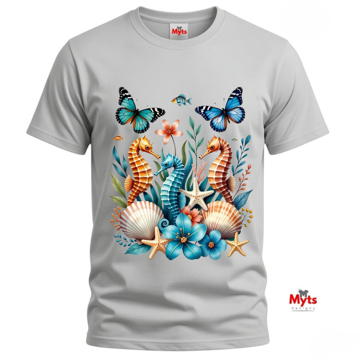 A graphic T-shirt featuring three colourful seahorses, blue butterflies, tropical flowers, starfish and seashells in a vibrant ocean wildlife design.