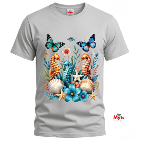 A graphic T-shirt featuring three colourful seahorses, blue butterflies, tropical flowers, starfish and seashells in a vibrant ocean wildlife design.