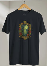 Black t-shirt with a decorative design on a hanger against a plain background