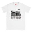 White soft casual tee showing the New York City skyline with a stylized spaceship graphic soaring above, printed on ultra-soft Gildan 64000 cotton.