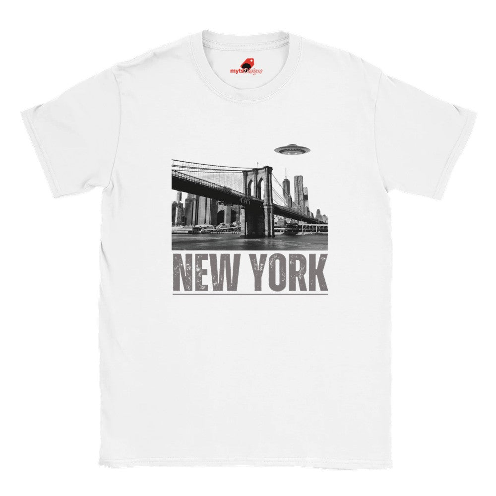 White soft casual tee showing the New York City skyline with a stylized spaceship graphic soaring above, printed on ultra-soft Gildan 64000 cotton.