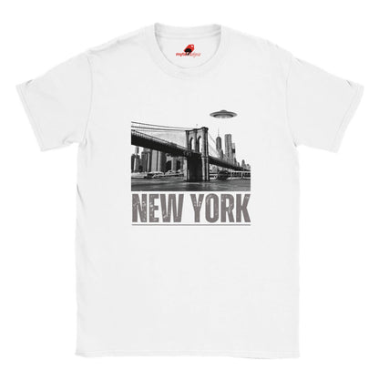 White soft casual tee showing the New York City skyline with a stylized spaceship graphic soaring above, printed on ultra-soft Gildan 64000 cotton.