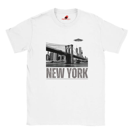 White soft casual tee showing the New York City skyline with a stylized spaceship graphic soaring above, printed on ultra-soft Gildan 64000 cotton.
