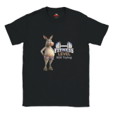 Black funny gym T-shirt with cartoon donkey in floral shorts, dumbbell graphic, and Fitness Level Still Trying slogan.