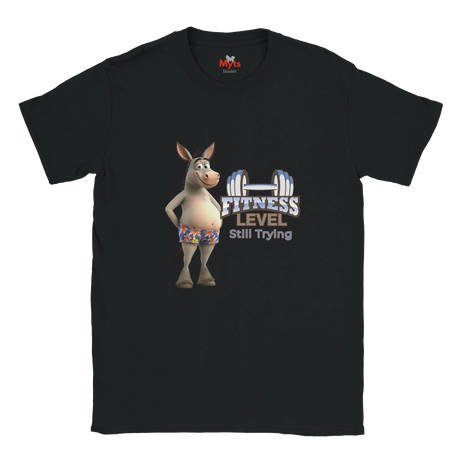 Black funny gym T-shirt with cartoon donkey in floral shorts, dumbbell graphic, and Fitness Level Still Trying slogan.