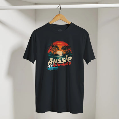 Black t-shirt with 'Aussie Adventure' design on a hanger against a white background
