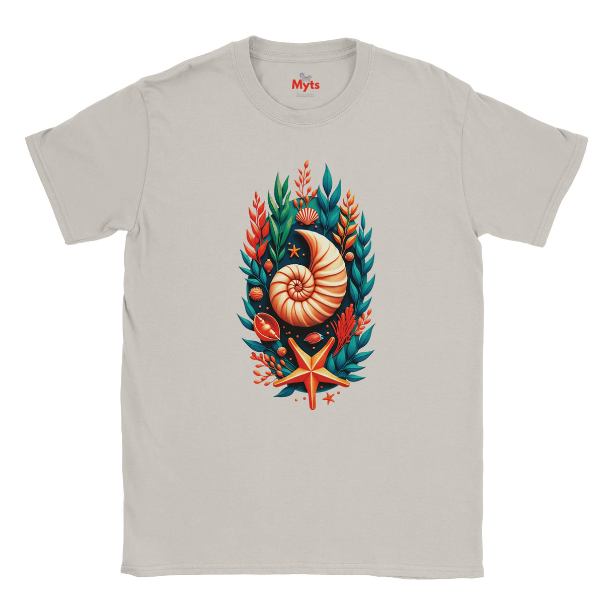 A Ice gray crewneck t-shirt featuring a colorful graphic print of a nautilus shell surrounded by green seaweed, orange starfish, and coral on the chest.