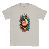 A Ice gray crewneck t-shirt featuring a colorful graphic print of a nautilus shell surrounded by green seaweed, orange starfish, and coral on the chest.