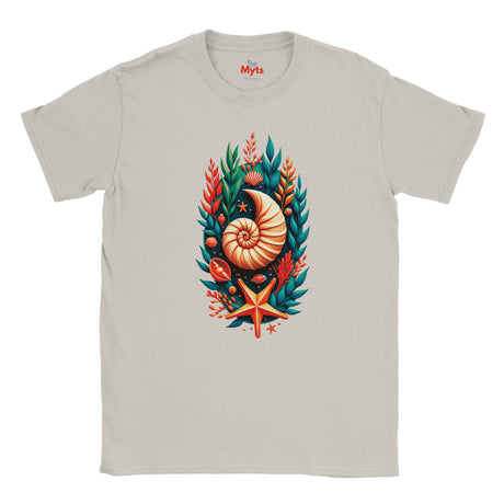 A Ice gray crewneck t-shirt featuring a colorful graphic print of a nautilus shell surrounded by green seaweed, orange starfish, and coral on the chest.