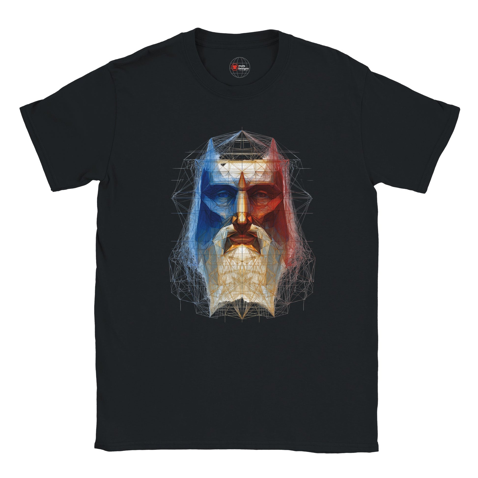 Black t-shirt with a colorful graphic design on a white background