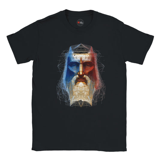 Black t-shirt with a colorful graphic design on a white background