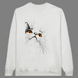 White sweatshirt with a minimalistic design of a cat's face on the front.