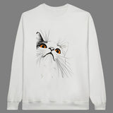 White sweatshirt with a minimalistic design of a cat's face on the front.