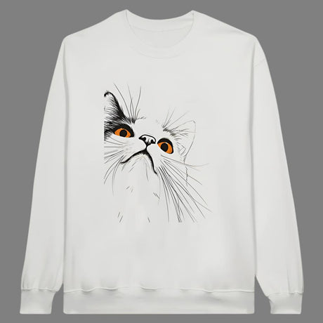 White sweatshirt with a minimalistic design of a cat's face on the front.
