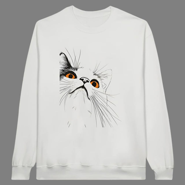 White sweatshirt with a minimalistic design of a cat's face on the front.