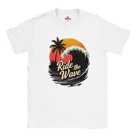 White t-shirt with a graphic design of a wave, palm tree, and 'Ride the Wave' text on a white background.