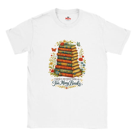 White t-shirt with a colorful graphic of books and flowers on a white background
