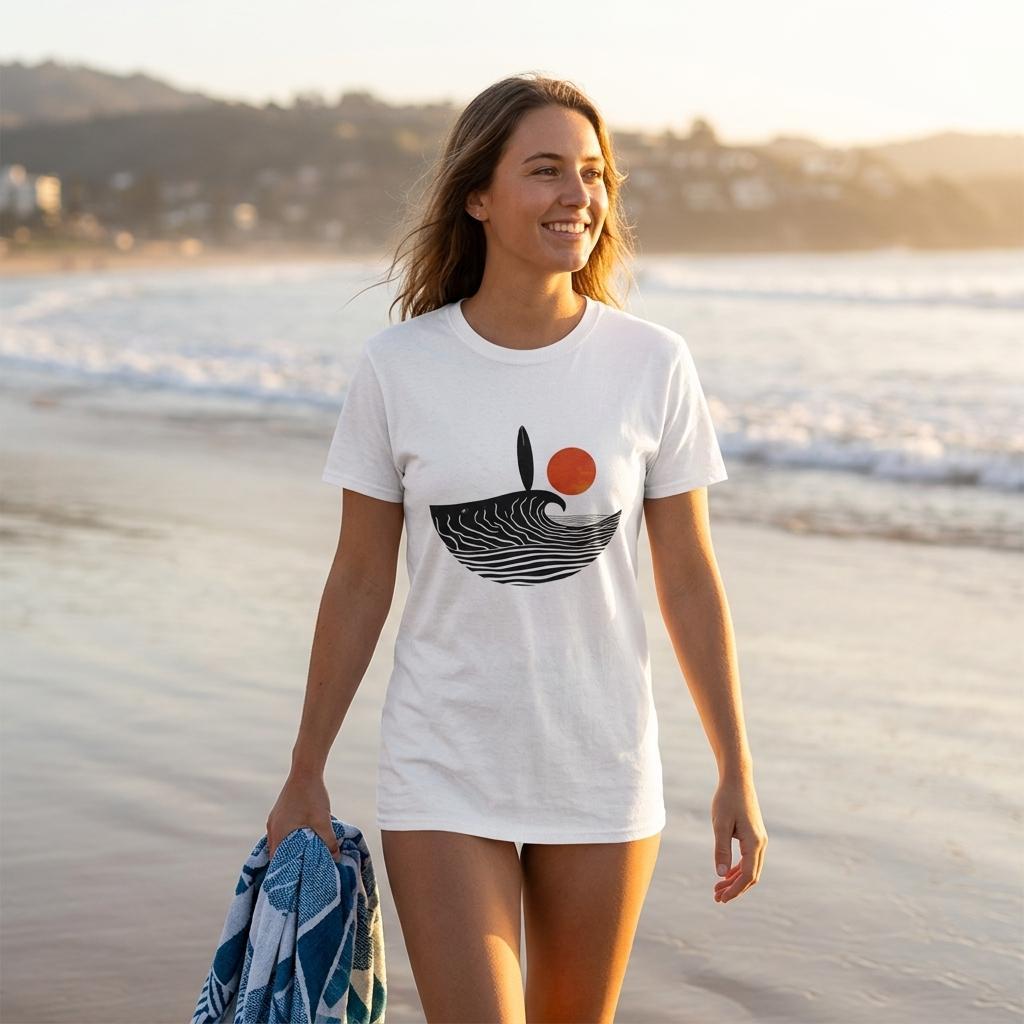 Woman wearing a white t-shirt with a graphic design on a beach