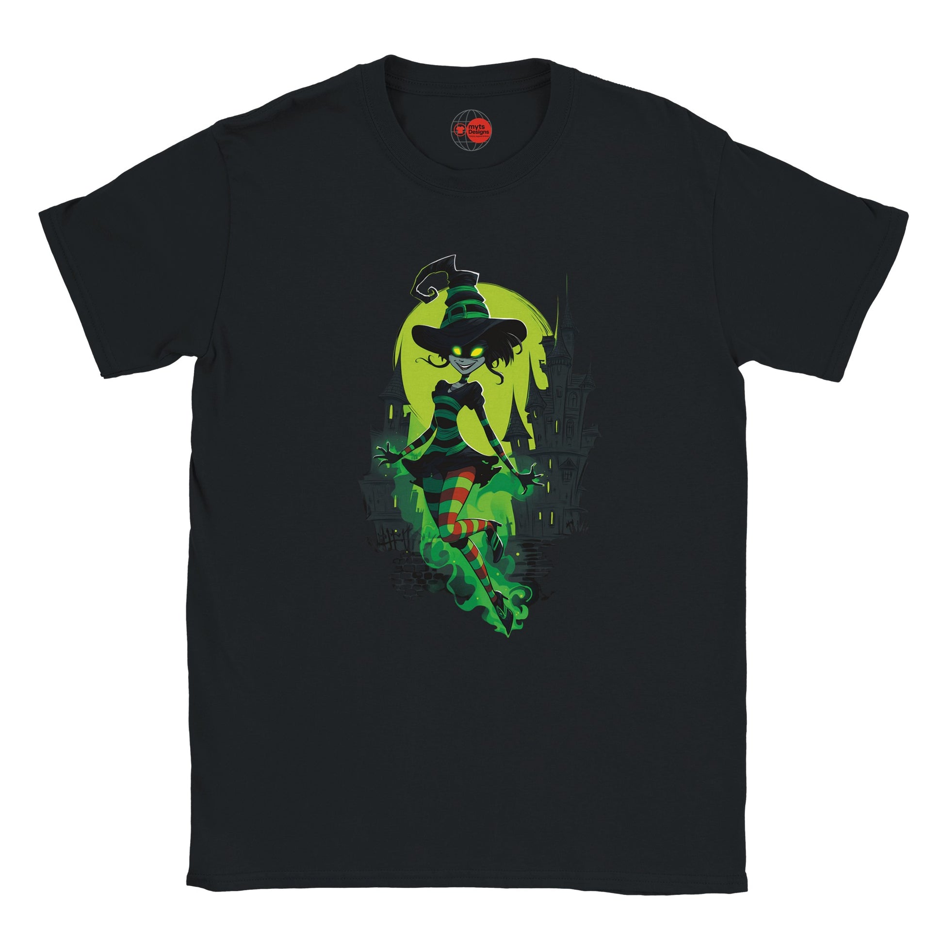 Black t-shirt with a green witch graphic on a white background