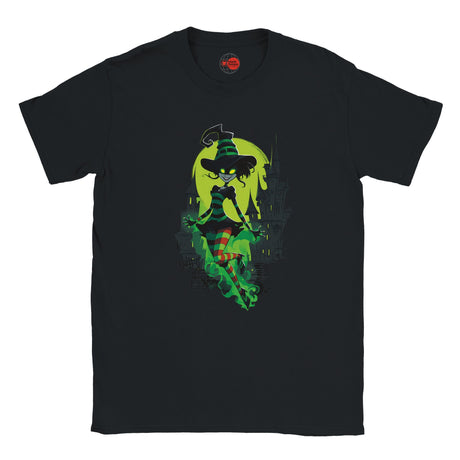 Black t-shirt with a green witch graphic on a white background