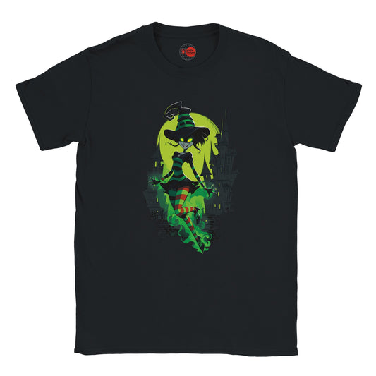 Black t-shirt with a green witch graphic on a white background