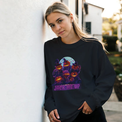Person wearing a black sweatshirt with Halloween-themed design outdoors.