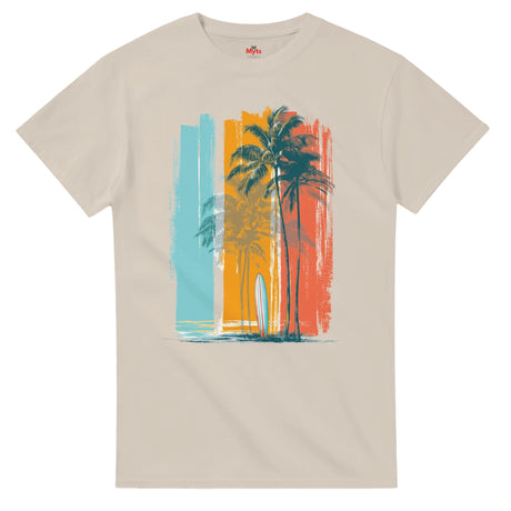 Sand t-shirt with a tropical design featuring palm trees and a surfboard on a white background.