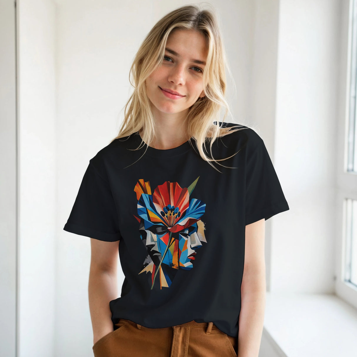 Woman wearing a black abstract two face poppy T-shirt featuring colourful geometric portrait artwork in red, blue, yellow, black and cream.