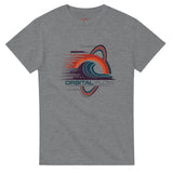 Gray t-shirt with colorful graphic design on a white background