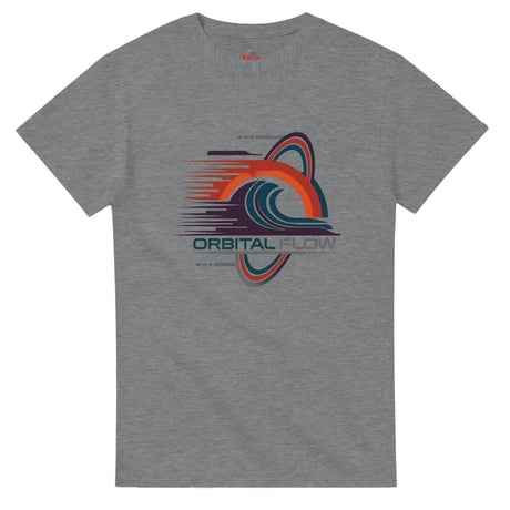 Gray t-shirt with colorful graphic design on a white background
