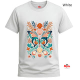 White graphic T-shirt displaying symmetrical dolphin butterfly artwork with orange coral, starfish, and seashells.