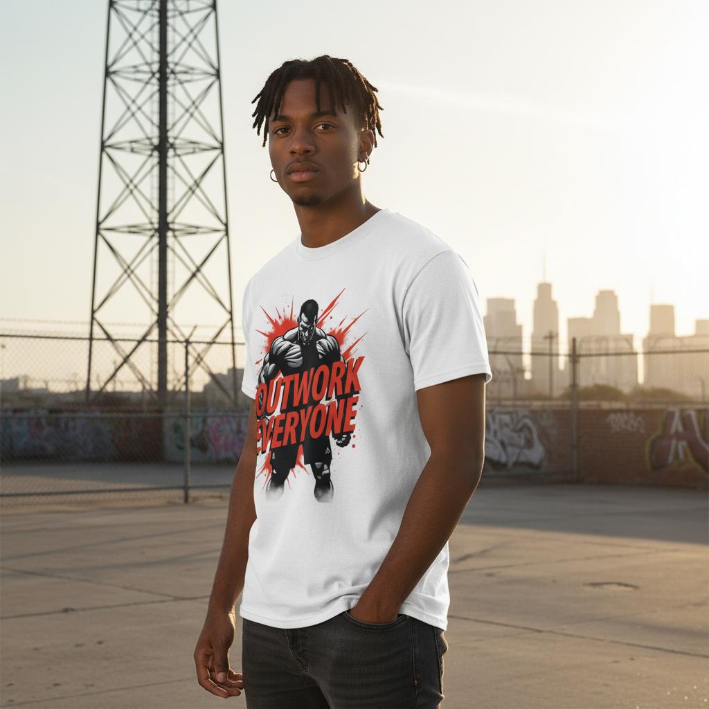 Man wearing a white t-shirt with a graphic design in an urban setting