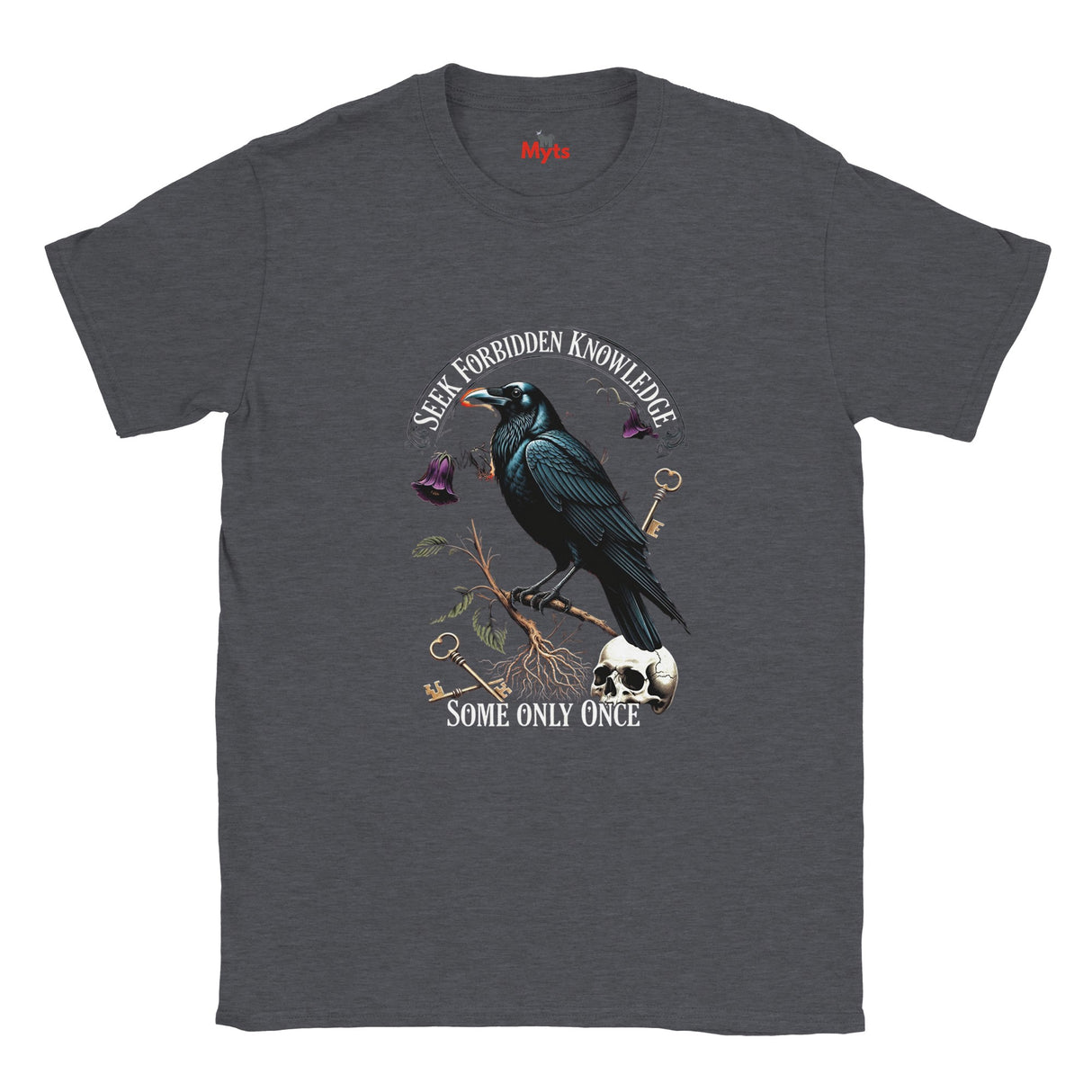 Dark gray t-shirt with a crow design and text on a white background