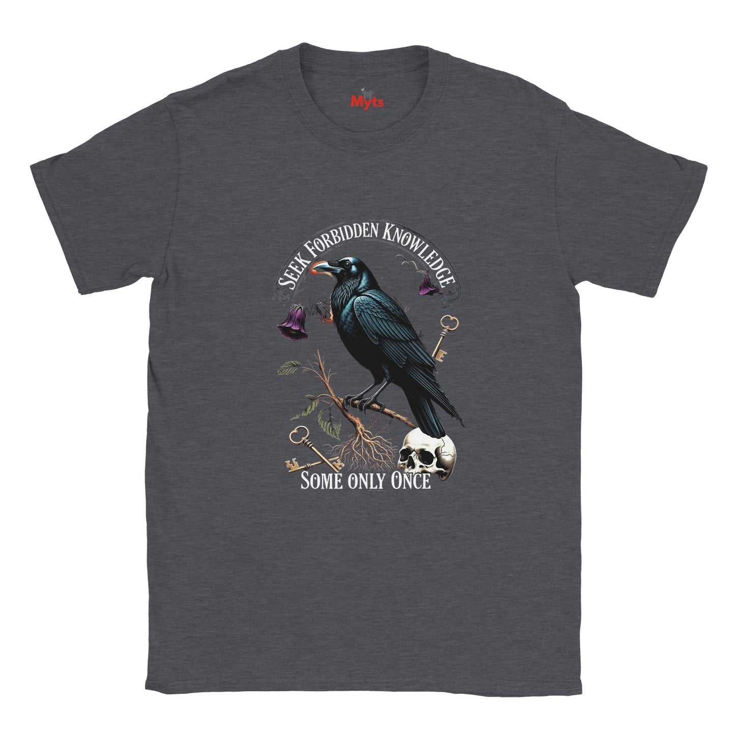 Dark gray t-shirt with a crow design and text on a white background