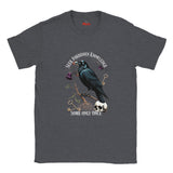 Dark gray t-shirt with a crow design and text on a white background