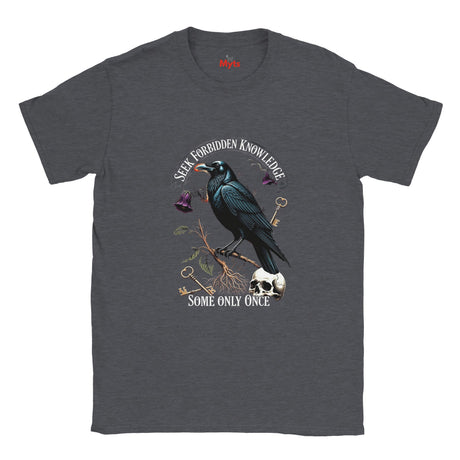 Dark gray t-shirt with a crow design and text on a white background