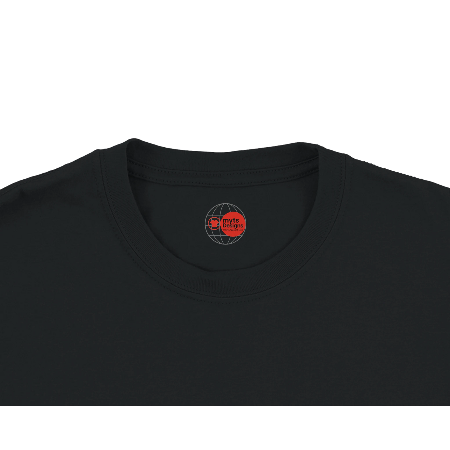 Black t-shirt with a red and white logo on the collar against a white background