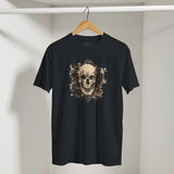 Black t-shirt with a skull design on a hanger against a plain background