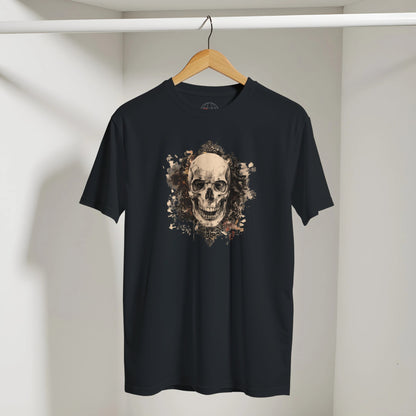 Black t-shirt with a skull design on a hanger against a plain background