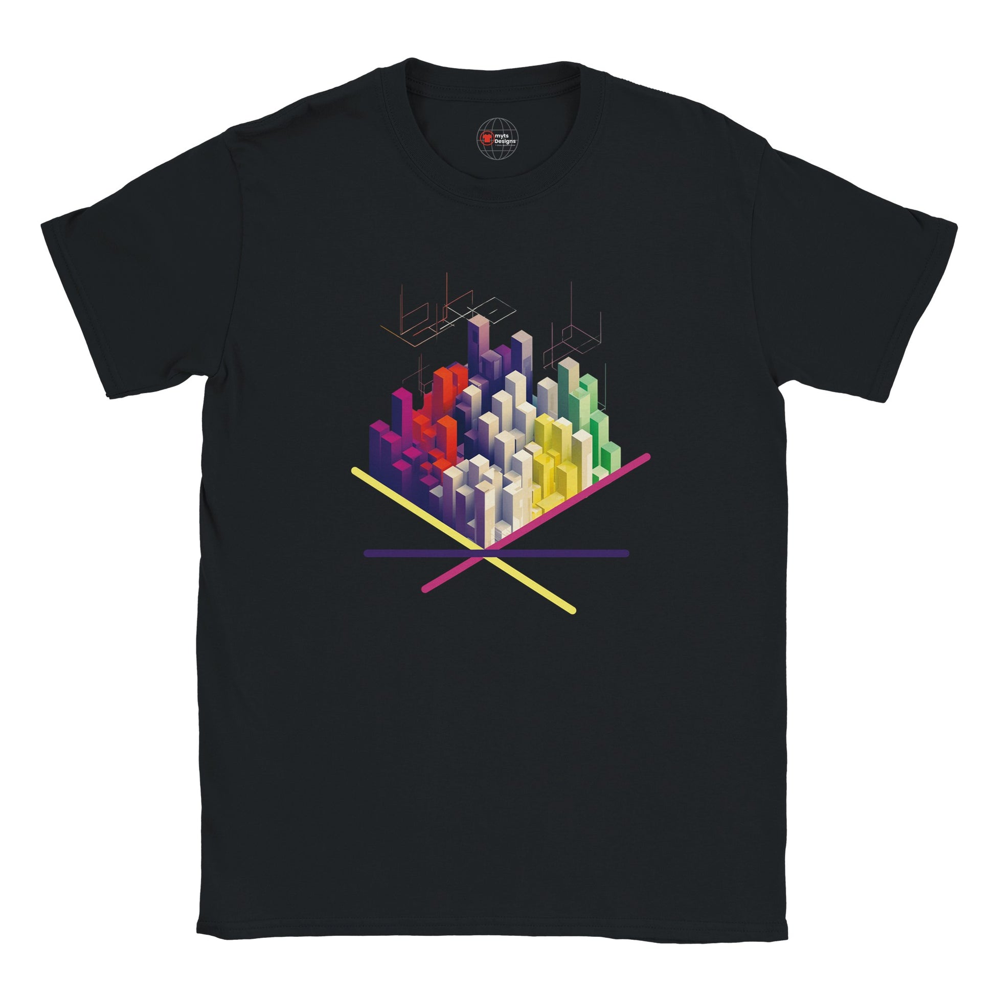 Black t-shirt with colorful geometric design on a white background