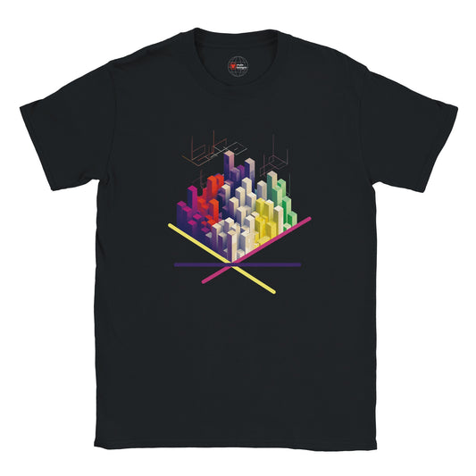 Black t-shirt with colorful geometric design on a white background