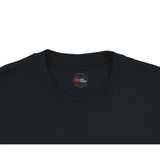 Black t-shirt with a logo on the chest area against a white background