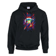 Black hoodie with a colorful abstract design on a white background