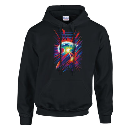 Black hoodie with a colorful abstract design on a white background