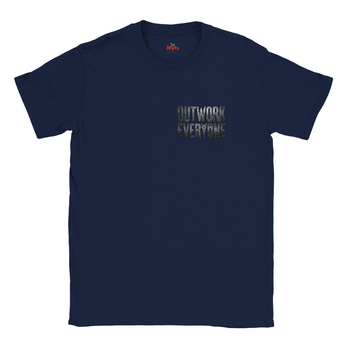 Navy blue t-shirt with 'OUTWORK EVERYONE' text on a white background