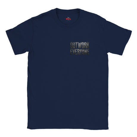 Navy blue t-shirt with 'OUTWORK EVERYONE' text on a white background