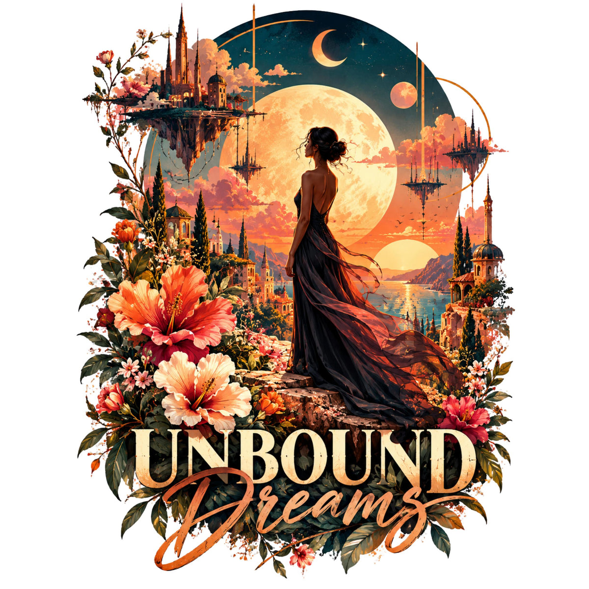 Unbound Dreams fantasy artwork with a woman in a flowing gown, floating castles, glowing moons, and coral flowers.
