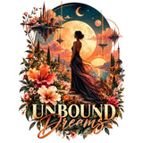Unbound Dreams fantasy artwork with a woman in a flowing gown, floating castles, glowing moons, and coral flowers.