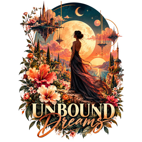 Unbound Dreams fantasy artwork with a woman in a flowing gown, floating castles, glowing moons, and coral flowers.